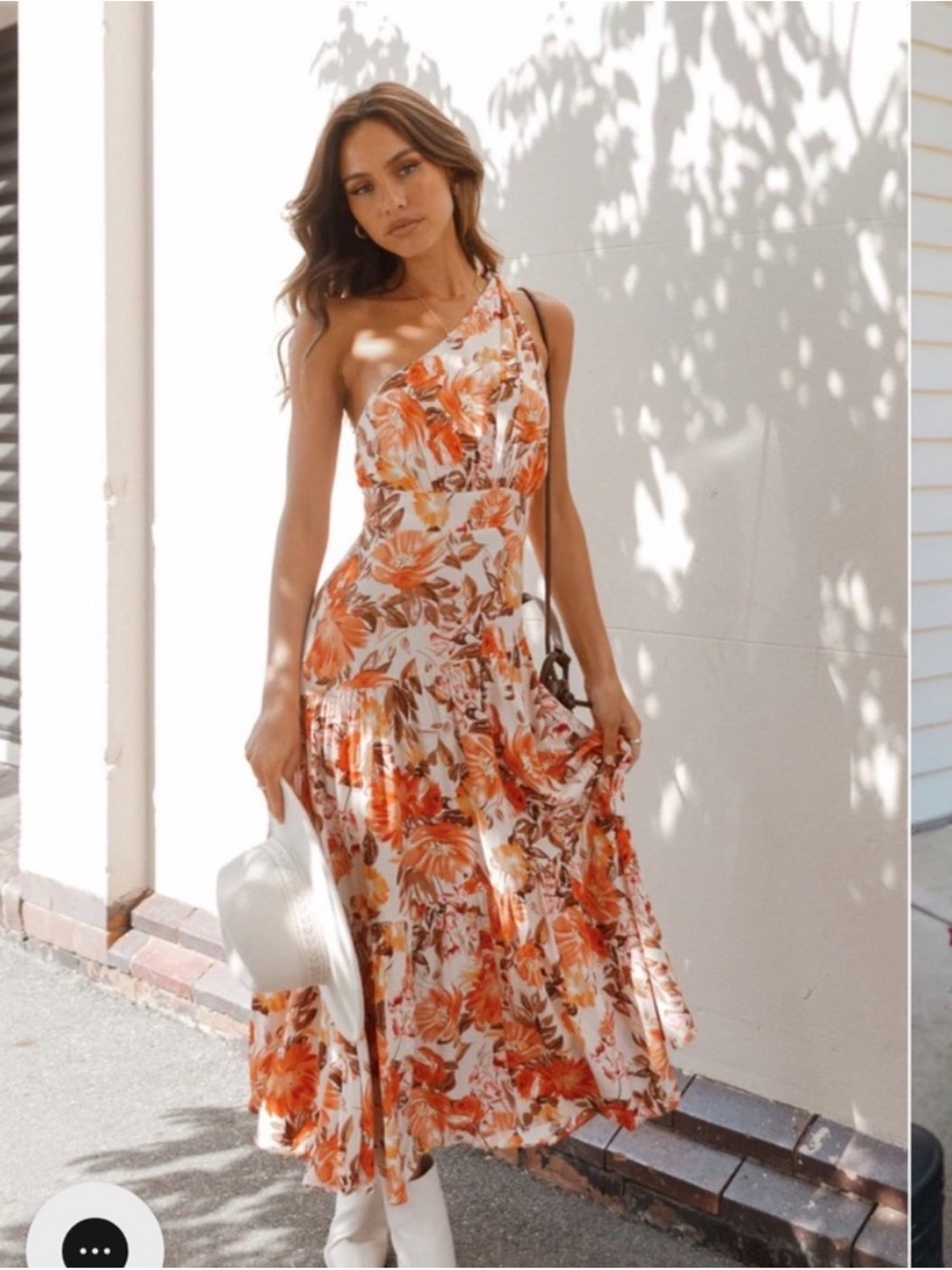 Petal & Pup One-Shoulder White and Orange Floral Midi Dress